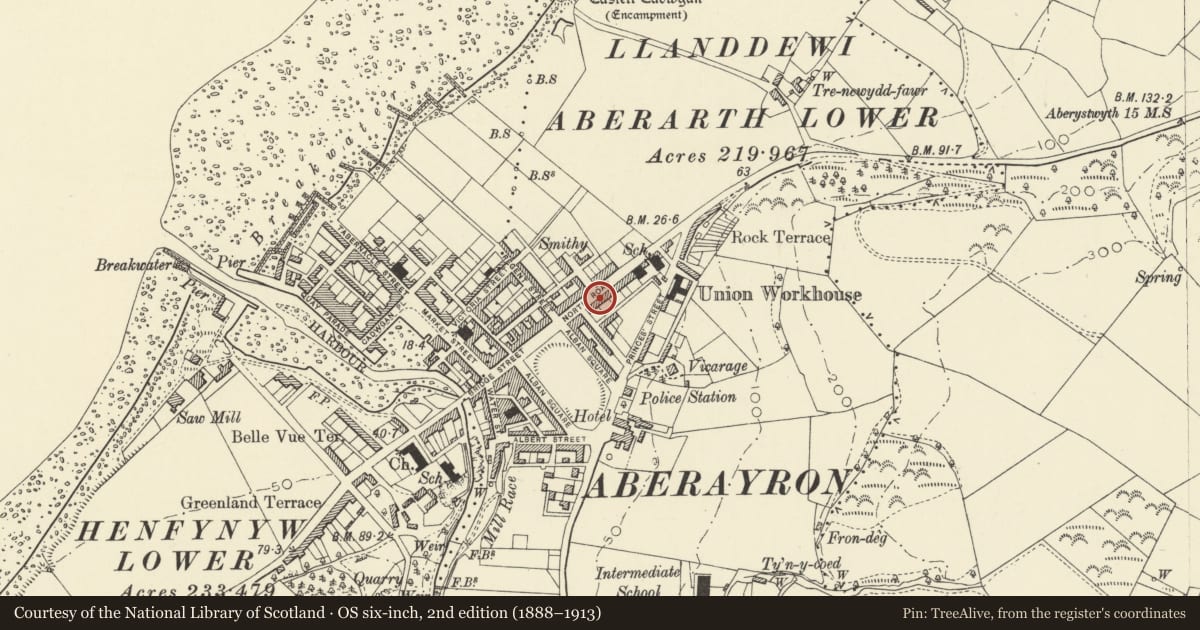 Ordnance Survey six-inch map, 2nd edition (1888–1913) covering the location of 27 North Road, Aberaeron, Ceredigion, with a pin at the register's coordinates