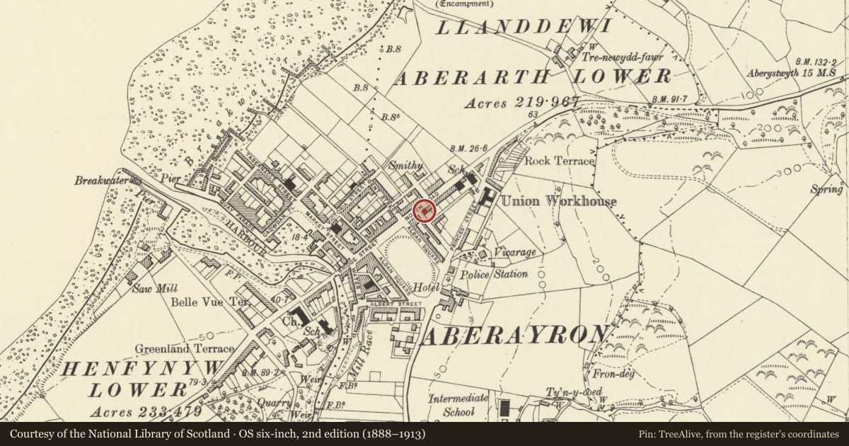 Ordnance Survey six-inch map, 2nd edition (1888–1913) covering the location of 29 North Road, Aberaeron, Ceredigion, with a pin at the register's coordinates