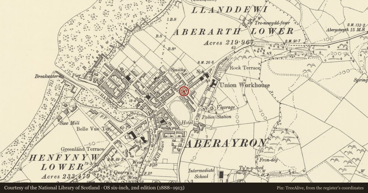 Ordnance Survey six-inch map, 2nd edition (1888–1913) covering the location of Royal Oak P.H., Aberaeron, Ceredigion, with a pin at the register's coordinates
