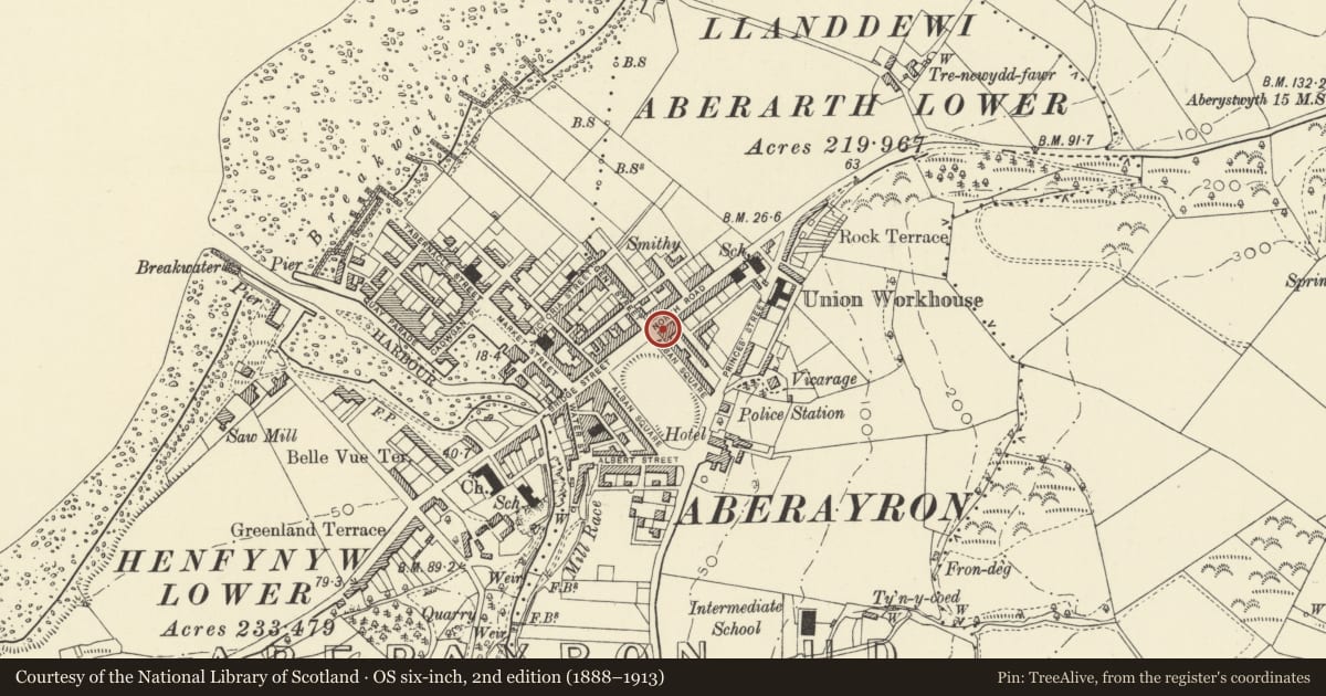Ordnance Survey six-inch map, 2nd edition (1888–1913) covering the location of Midland Bank including No9 Alban Square, Aberaeron, Ceredigion, with a pin at the register's coordinates