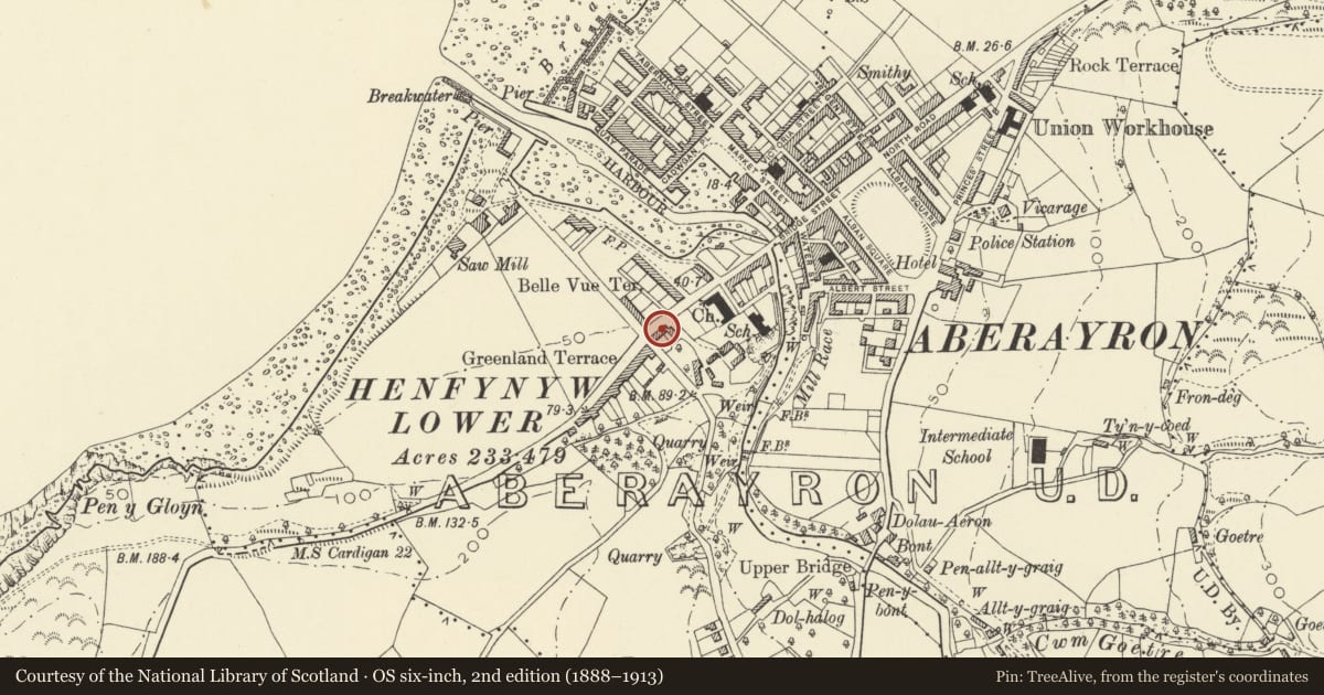Ordnance Survey six-inch map, 2nd edition (1888–1913) covering the location of pengarreg Farmhouse, Aberaeron, Ceredigion, with a pin at the register's coordinates