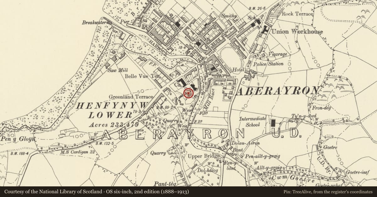 Ordnance Survey six-inch map, 2nd edition (1888–1913) covering the location of Pengarreg Farm Outbuildings, Aberaeron, Ceredigion, with a pin at the register's coordinates