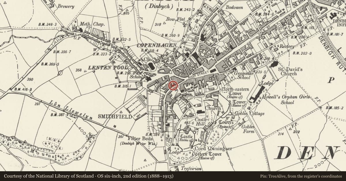 Ordnance Survey six-inch map, 2nd edition (1888–1913) covering the location of 2 Love Lane, Denbigh, Denbighshire, with a pin at the register's coordinates