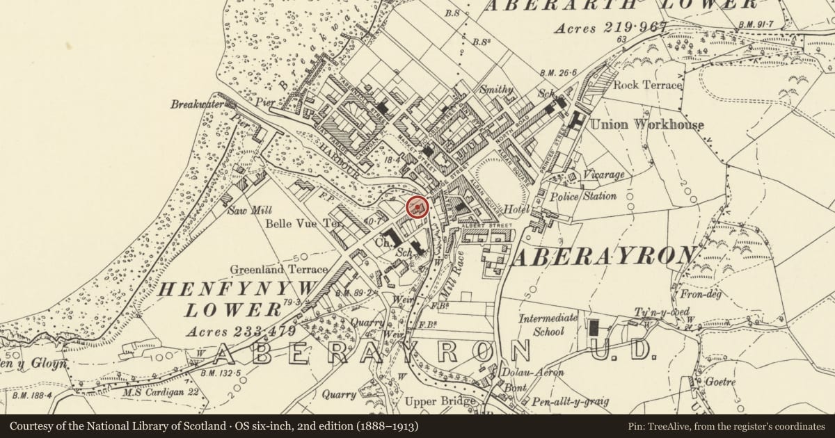 Ordnance Survey six-inch map, 2nd edition (1888–1913) covering the location of Formerly the Customs House, Aberaeron, Ceredigion, with a pin at the register's coordinates