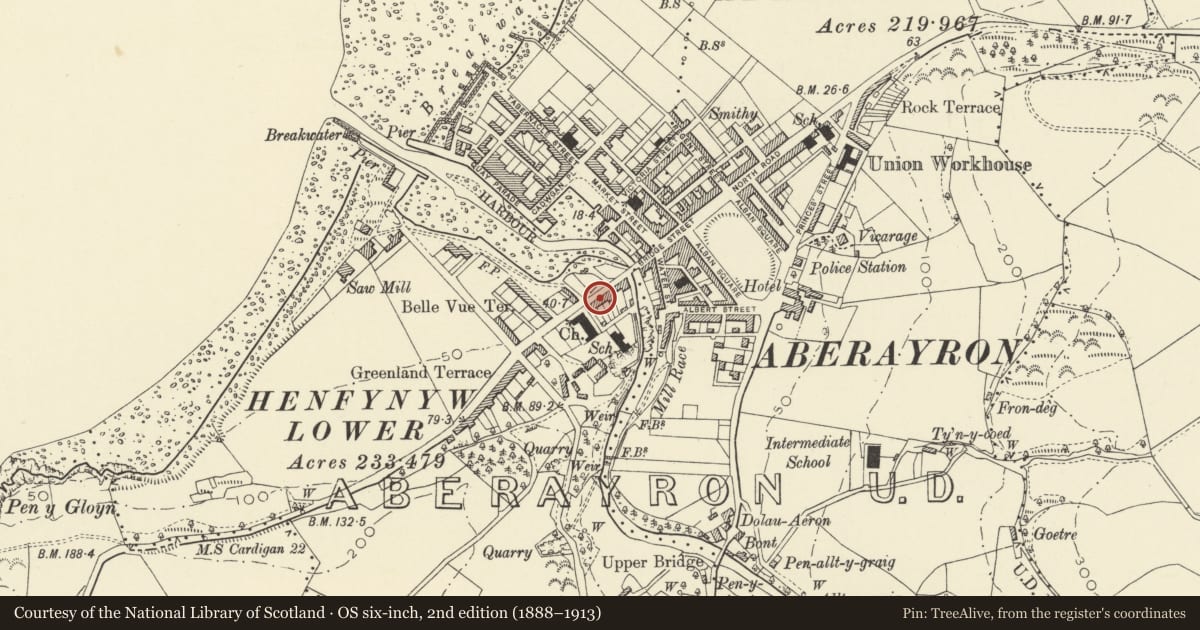 Ordnance Survey six-inch map, 2nd edition (1888–1913) covering the location of 6 Portland Place, Aberaeron, Ceredigion, with a pin at the register's coordinates