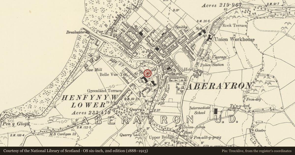 Ordnance Survey six-inch map, 2nd edition (1888–1913) covering the location of 7 Portland Place, Aberaeron, Ceredigion, with a pin at the register's coordinates