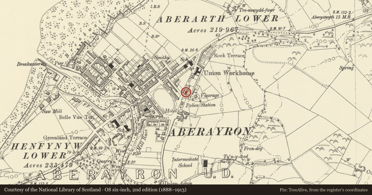 Ordnance Survey six-inch map, 2nd edition (1888–1913) covering the location of 2 Princes Avenue, Aberaeron, Ceredigion, with a pin at the register's coordinates
