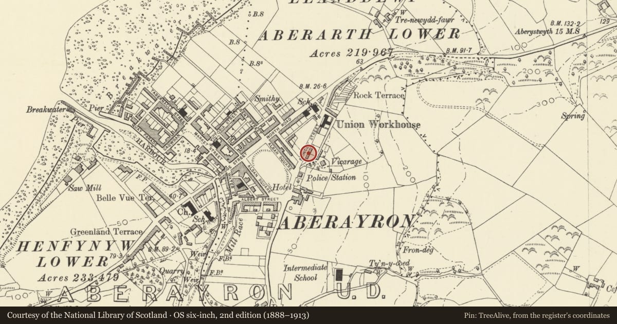 Ordnance Survey six-inch map, 2nd edition (1888–1913) covering the location of 3 Princes Avenue, Aberaeron, Ceredigion, with a pin at the register's coordinates