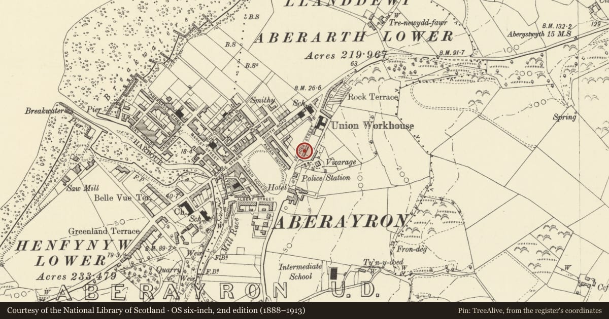 Ordnance Survey six-inch map, 2nd edition (1888–1913) covering the location of 4 Princes Avenue, Aberaeron, Ceredigion, with a pin at the register's coordinates