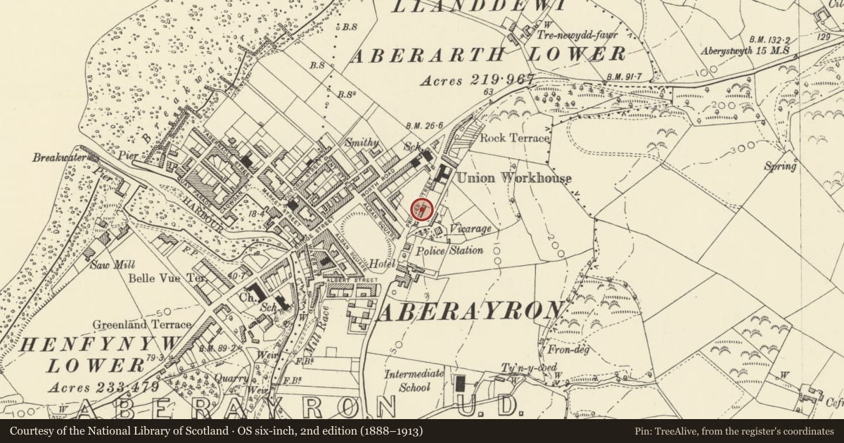 Ordnance Survey six-inch map, 2nd edition (1888–1913) covering the location of 5 Princes Avenue, Aberaeron, Ceredigion, with a pin at the register's coordinates