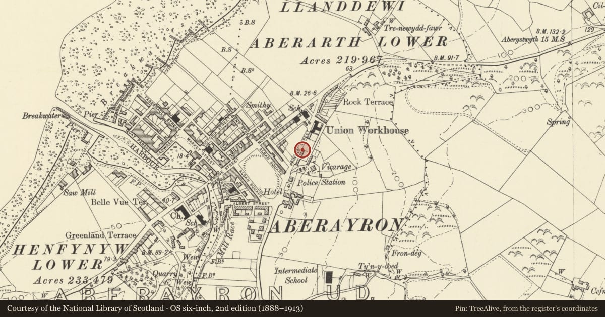 Ordnance Survey six-inch map, 2nd edition (1888–1913) covering the location of 6 Princes Avenue, Aberaeron, Ceredigion, with a pin at the register's coordinates