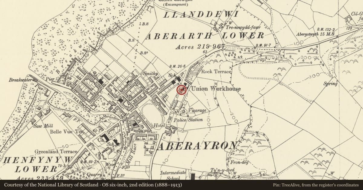 Ordnance Survey six-inch map, 2nd edition (1888–1913) covering the location of 12 Princes Avenue, Aberaeron, Ceredigion, with a pin at the register's coordinates