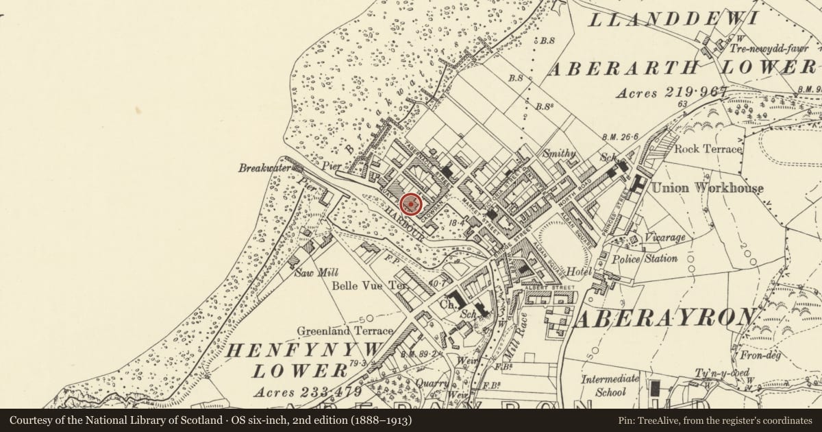 Ordnance Survey six-inch map, 2nd edition (1888–1913) covering the location of 8 Quay Parade, Aberaeron, Ceredigion, with a pin at the register's coordinates