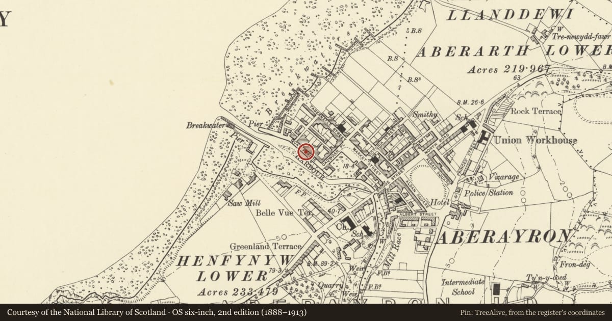 Ordnance Survey six-inch map, 2nd edition (1888–1913) covering the location of NE Quay, Aberaeron, Ceredigion, with a pin at the register's coordinates