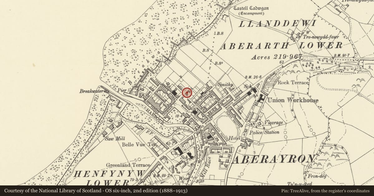 Ordnance Survey six-inch map, 2nd edition (1888–1913) covering the location of Prince of Wales PH, Aberaeron, Ceredigion, with a pin at the register's coordinates