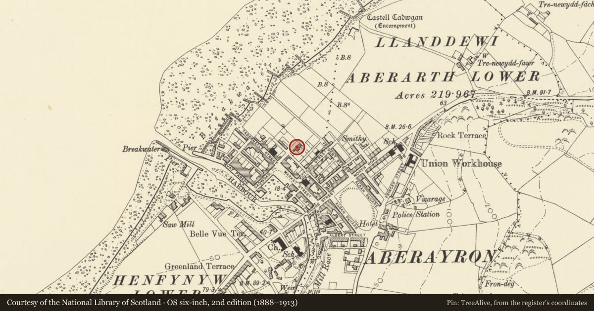 Ordnance Survey six-inch map, 2nd edition (1888–1913) covering the location of 3 Queen Street, Aberaeron, Ceredigion, with a pin at the register's coordinates