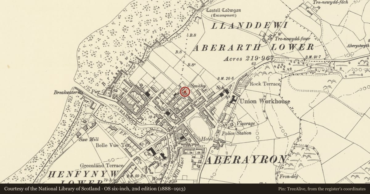 Ordnance Survey six-inch map, 2nd edition (1888–1913) covering the location of 1 Regent Street, Aberaeron, Ceredigion, with a pin at the register's coordinates