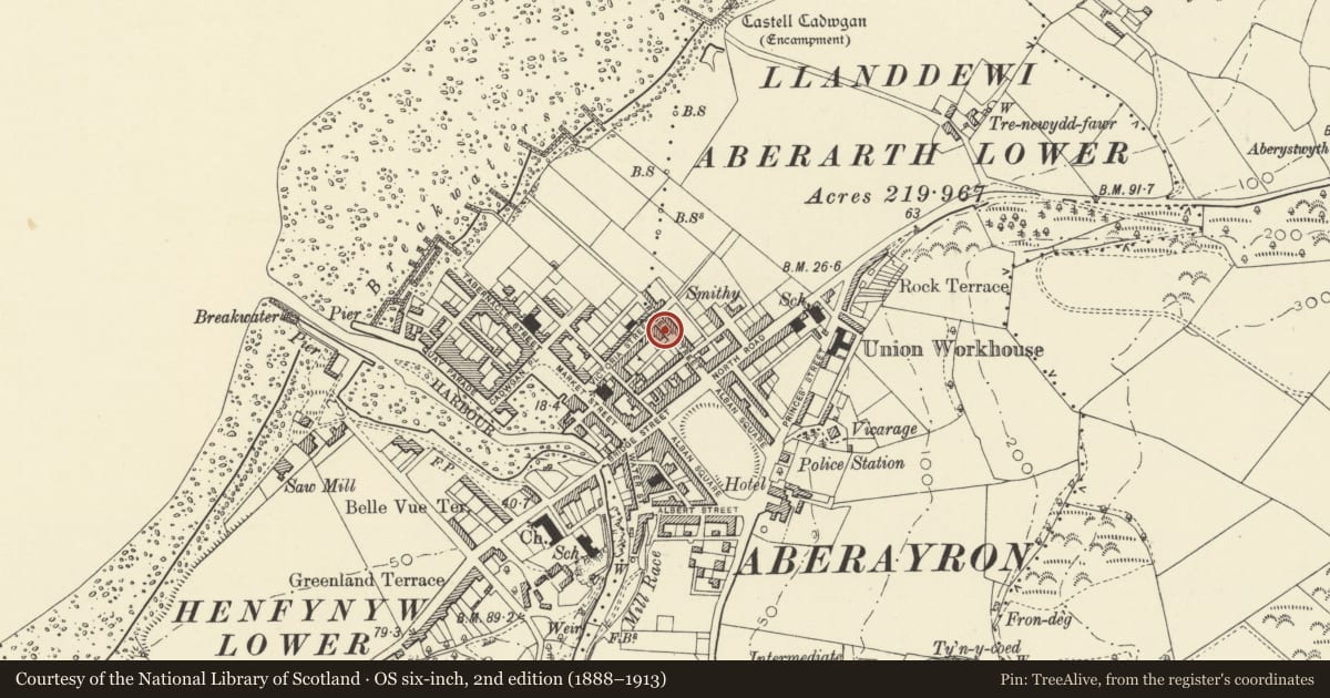 Ordnance Survey six-inch map, 2nd edition (1888–1913) covering the location of 11 Regent Street, Aberaeron, Ceredigion, with a pin at the register's coordinates