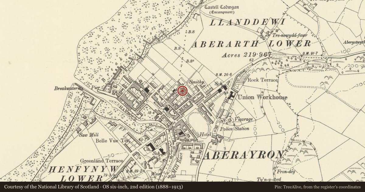 Ordnance Survey six-inch map, 2nd edition (1888–1913) covering the location of 12 Regent Street, Aberaeron, Ceredigion, with a pin at the register's coordinates