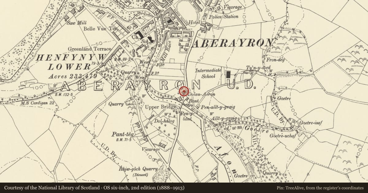 Ordnance Survey six-inch map, 2nd edition (1888–1913) covering the location of Dolau Aeron, Aberaeron, Ceredigion, with a pin at the register's coordinates