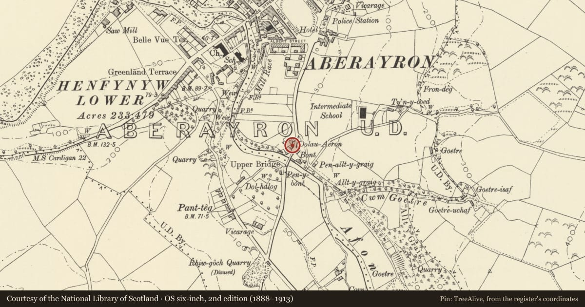 Ordnance Survey six-inch map, 2nd edition (1888–1913) covering the location of Former Coach House to Dolau Aeron, Aberaeron, Ceredigion, with a pin at the register's coordinates