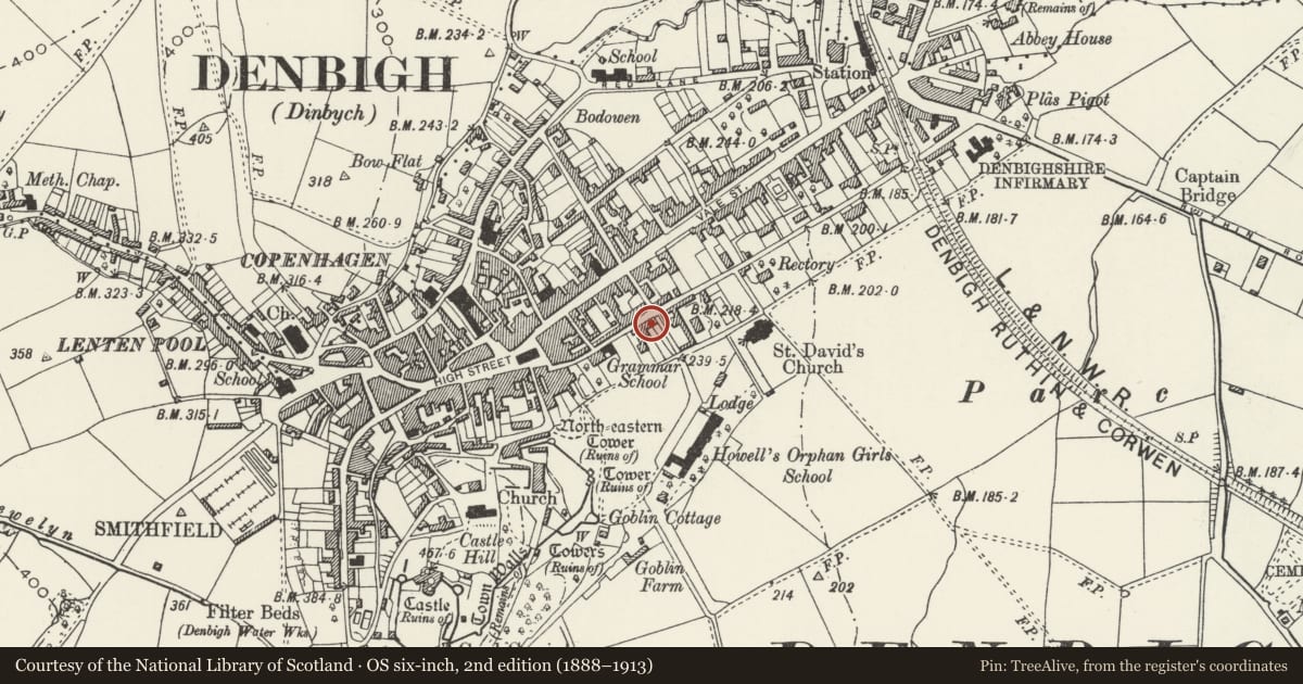 Ordnance Survey six-inch map, 2nd edition (1888–1913) covering the location of 13 Park Street, Denbigh, Denbighshire, with a pin at the register's coordinates