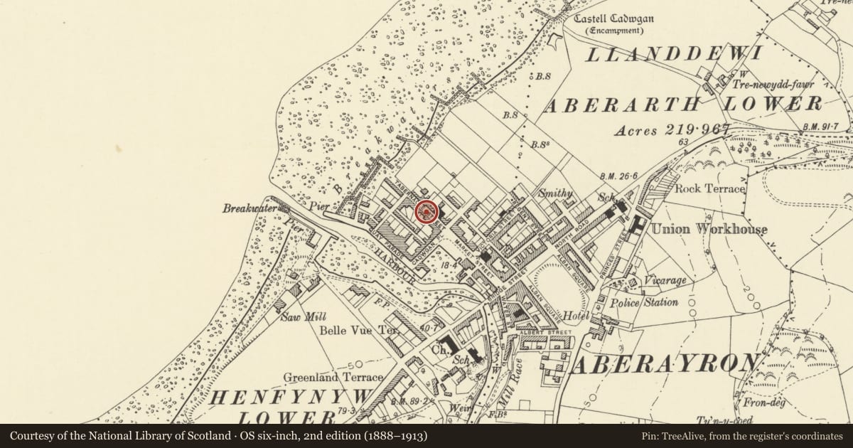 Ordnance Survey six-inch map, 2nd edition (1888–1913) covering the location of 5 Tabernacle Street, Aberaeron, Ceredigion, with a pin at the register's coordinates
