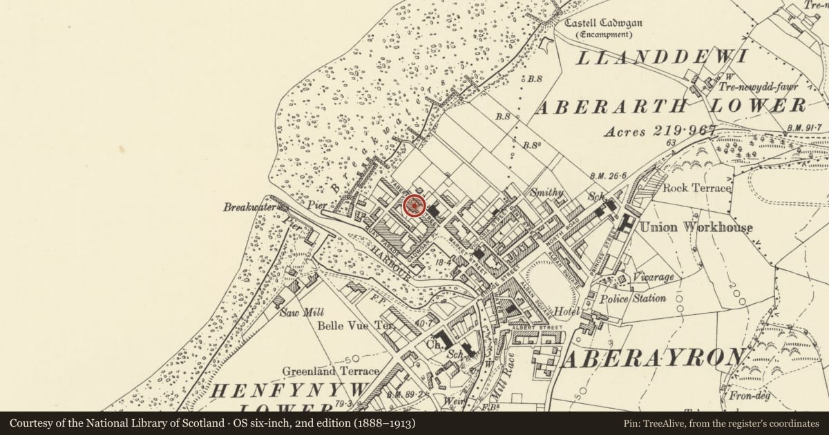 Ordnance Survey six-inch map, 2nd edition (1888–1913) covering the location of 7 Tabernacle Street, Aberaeron, Ceredigion, with a pin at the register's coordinates