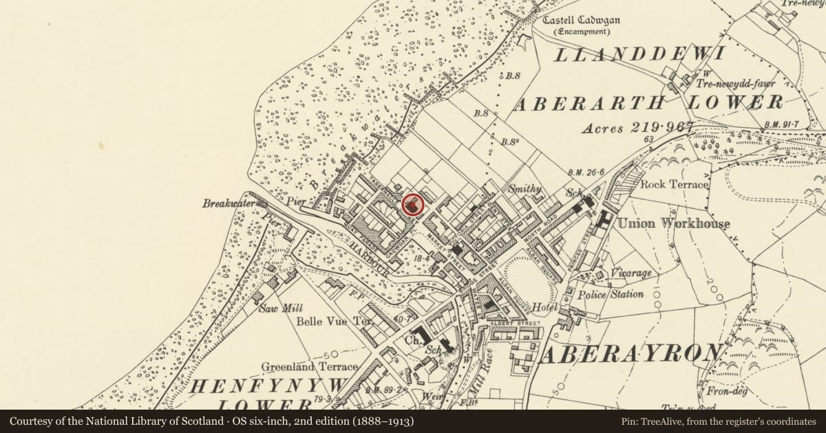 Ordnance Survey six-inch map, 2nd edition (1888–1913) covering the location of Tabernacle Methodist Chapel, Aberaeron, Ceredigion, with a pin at the register's coordinates