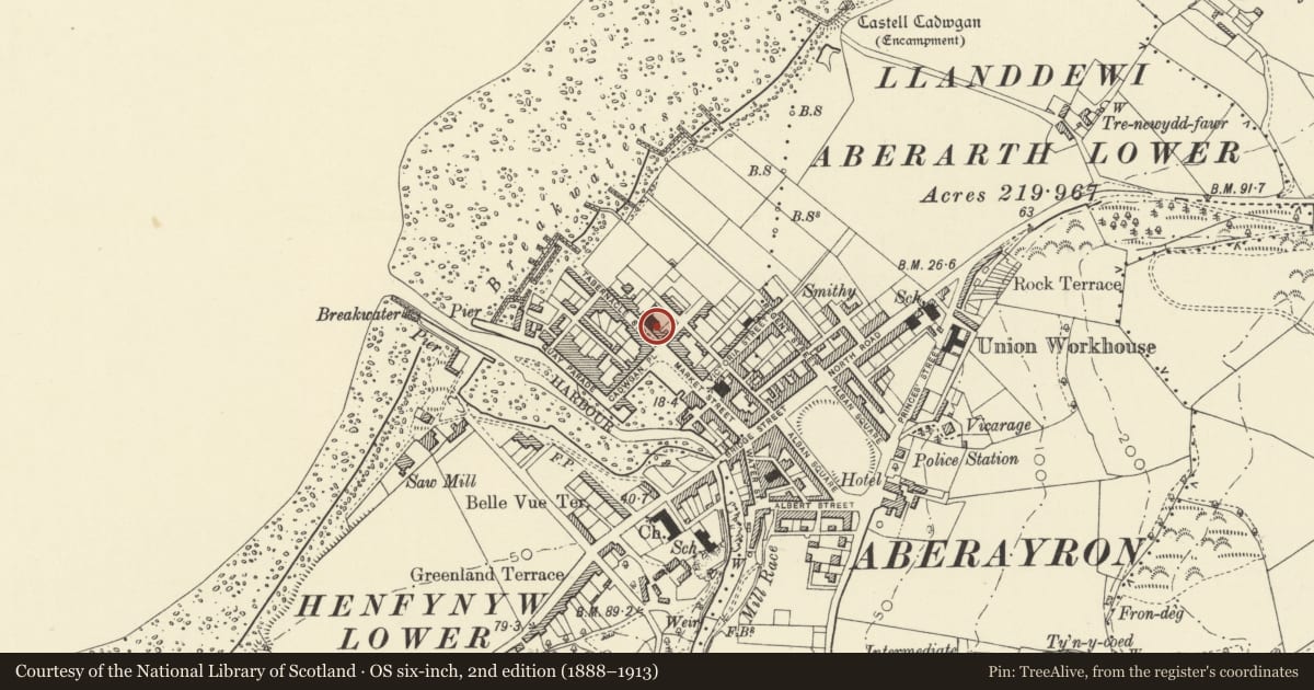 Ordnance Survey six-inch map, 2nd edition (1888–1913) covering the location of 21 Tabernacle, Aberaeron, Ceredigion, with a pin at the register's coordinates