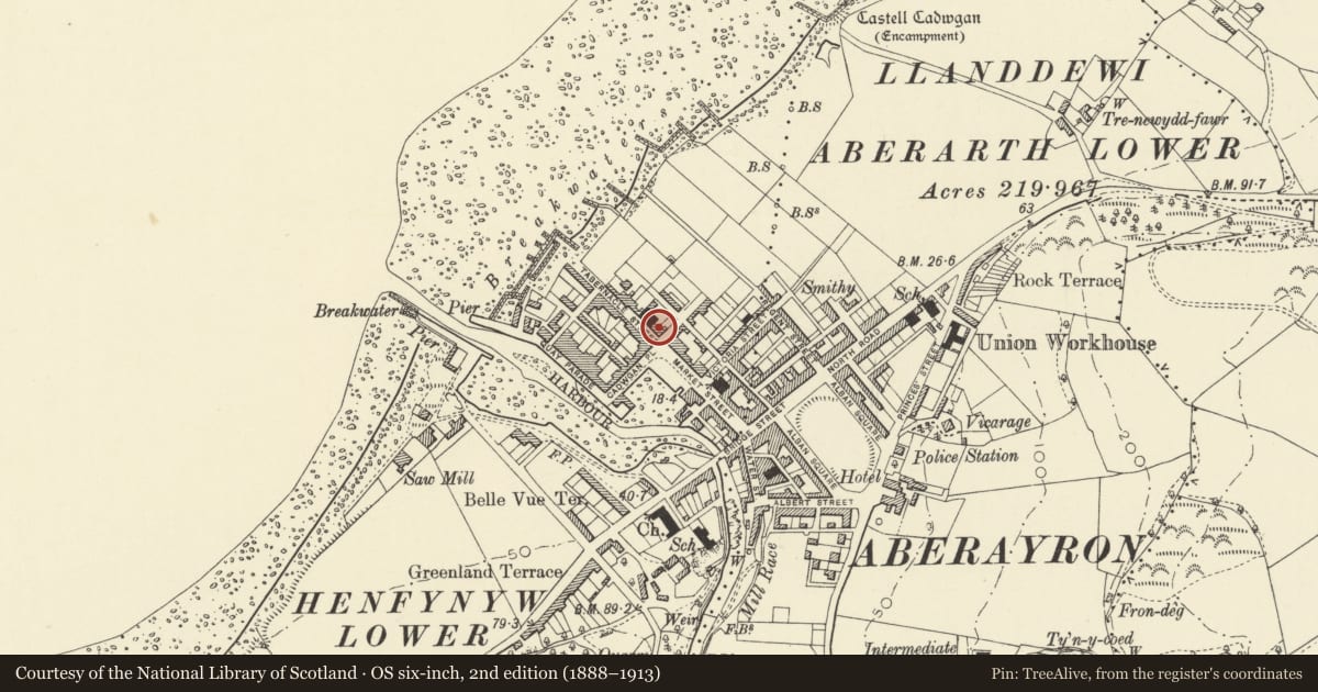 Ordnance Survey six-inch map, 2nd edition (1888–1913) covering the location of 22 Tabernacle Street, Aberaeron, Ceredigion, with a pin at the register's coordinates