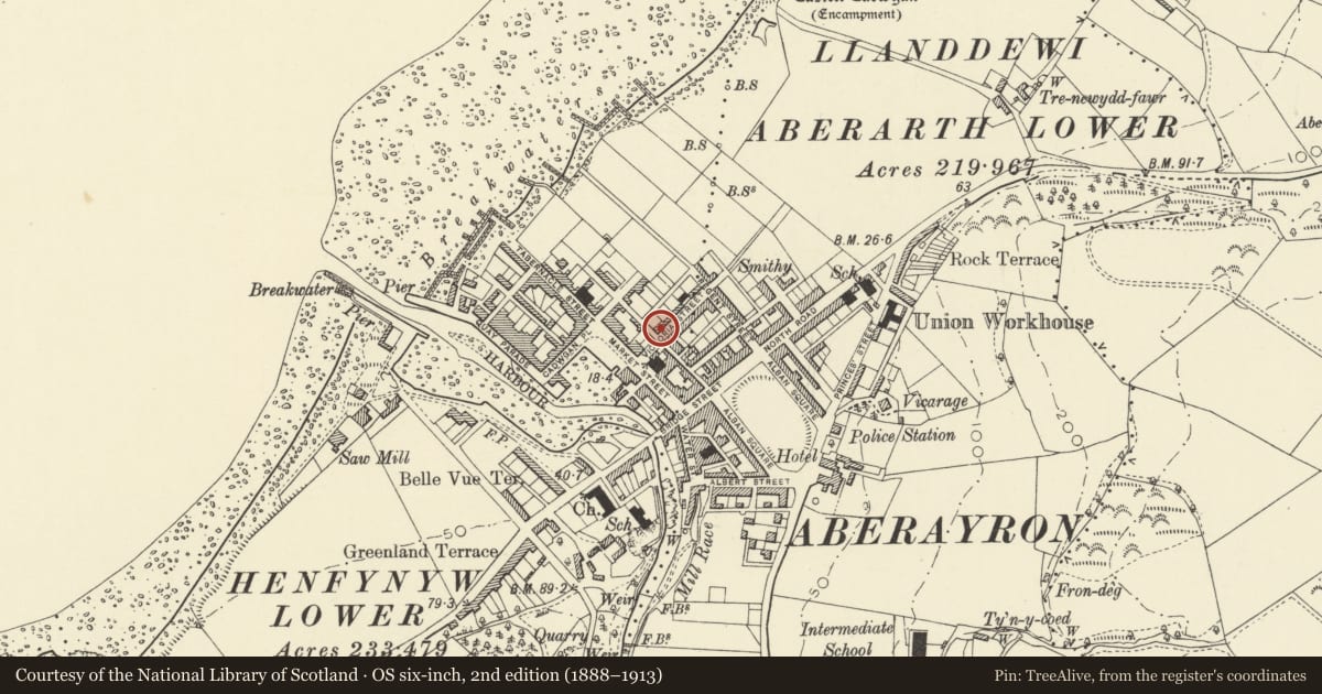 Ordnance Survey six-inch map, 2nd edition (1888–1913) covering the location of 1 Victoria Street, Aberaeron, Ceredigion, with a pin at the register's coordinates