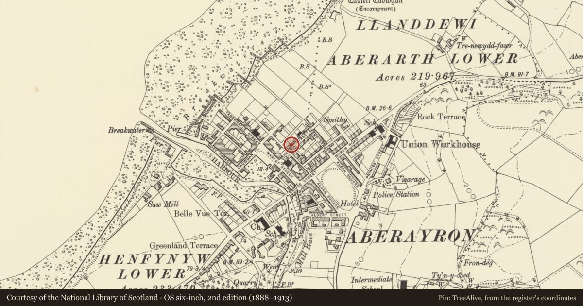 Ordnance Survey six-inch map, 2nd edition (1888–1913) covering the location of 2 Victoria Street, Aberaeron, Ceredigion, with a pin at the register's coordinates