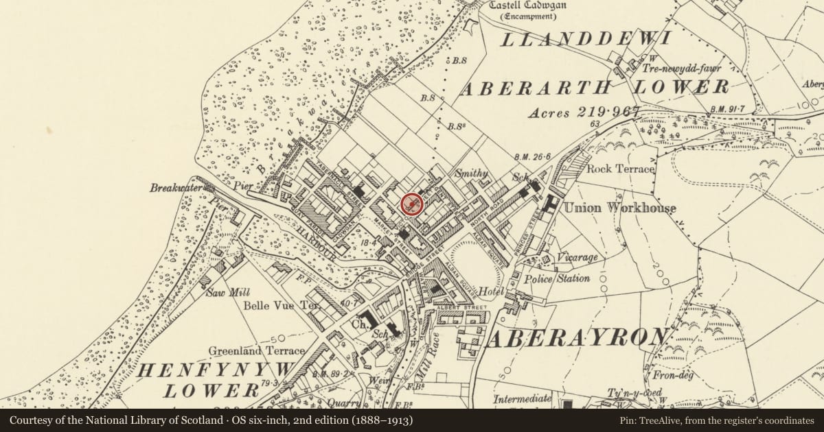 Ordnance Survey six-inch map, 2nd edition (1888–1913) covering the location of 3 Victoria Street, Aberaeron, Ceredigion, with a pin at the register's coordinates