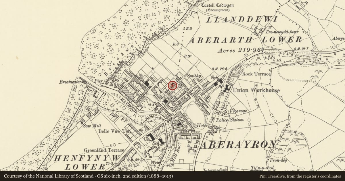 Ordnance Survey six-inch map, 2nd edition (1888–1913) covering the location of 6 Victoris Street, Aberaeron, Ceredigion, with a pin at the register's coordinates