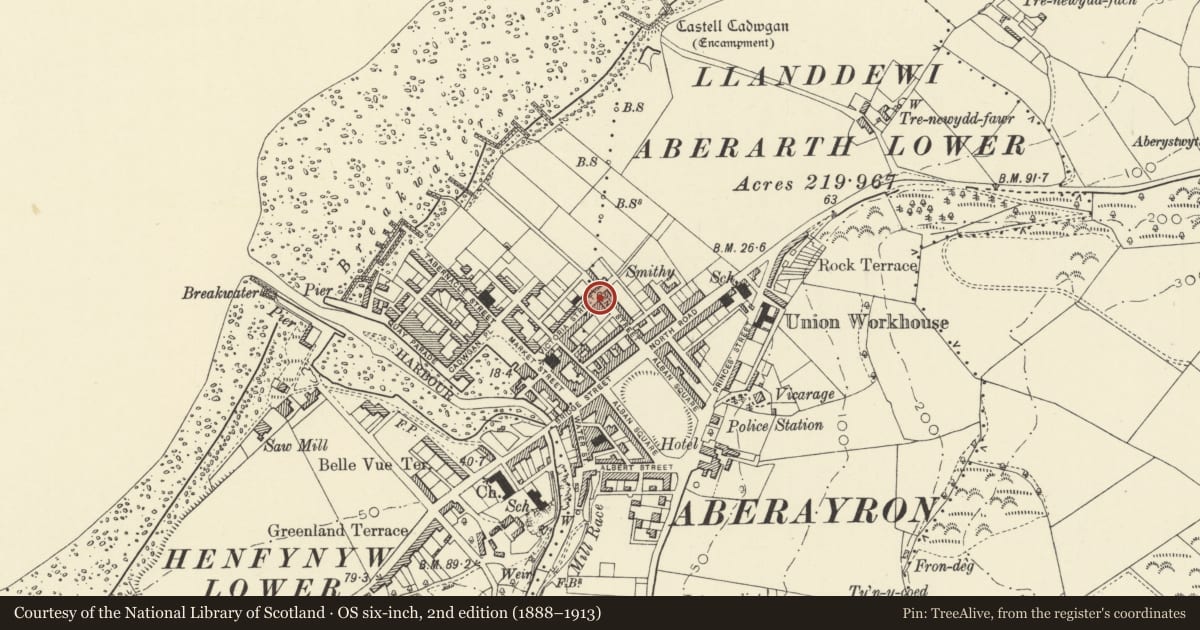Ordnance Survey six-inch map, 2nd edition (1888–1913) covering the location of 10 Victoria Street, Aberaeron, Ceredigion, with a pin at the register's coordinates