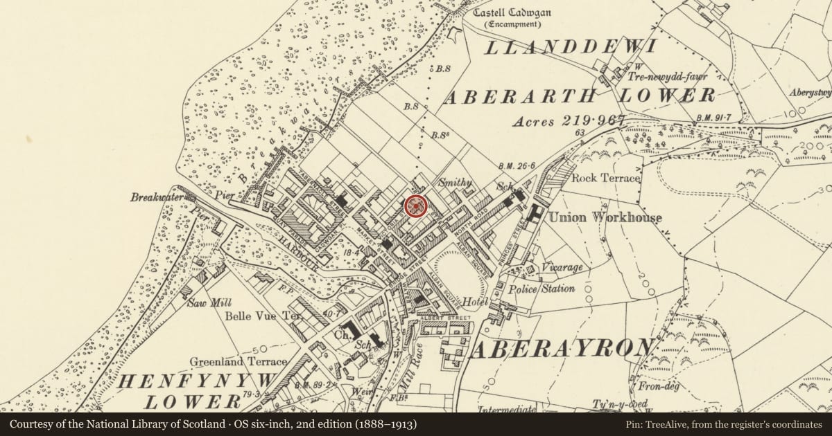 Ordnance Survey six-inch map, 2nd edition (1888–1913) covering the location of 12 Victoria Street, Aberaeron, Ceredigion, with a pin at the register's coordinates