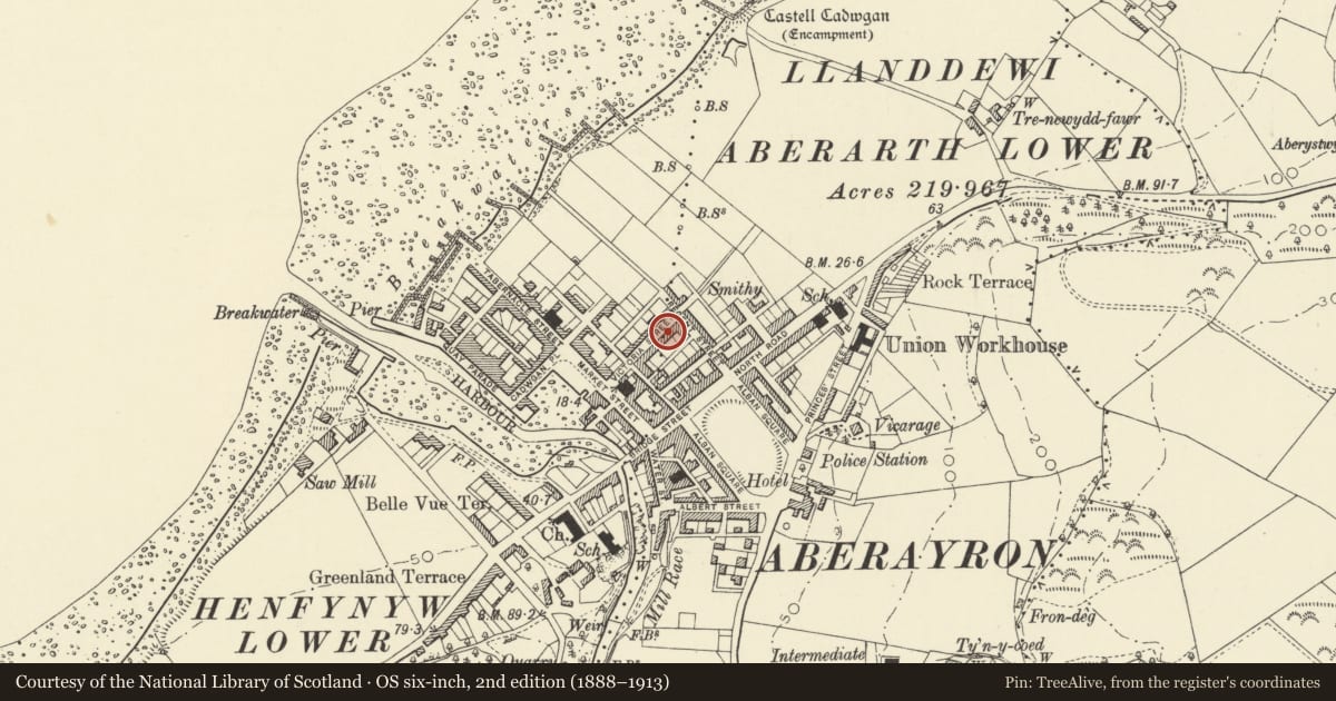 Ordnance Survey six-inch map, 2nd edition (1888–1913) covering the location of 13 Victoria Street, Aberaeron, Ceredigion, with a pin at the register's coordinates