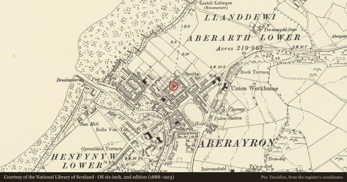 Ordnance Survey six-inch map, 2nd edition (1888–1913) covering the location of 14 Victoria Street, Aberaeron, Ceredigion, with a pin at the register's coordinates