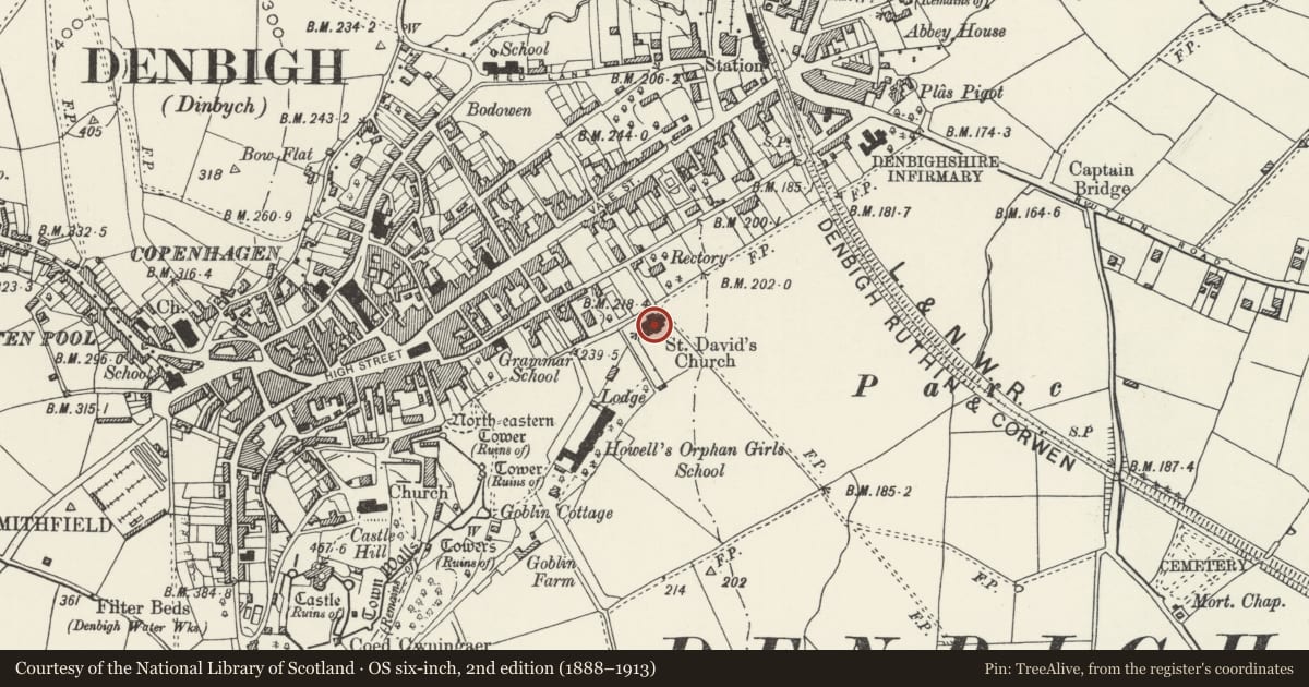 Ordnance Survey six-inch map, 2nd edition (1888–1913) covering the location of Church of St David, Denbigh, Denbighshire, with a pin at the register's coordinates