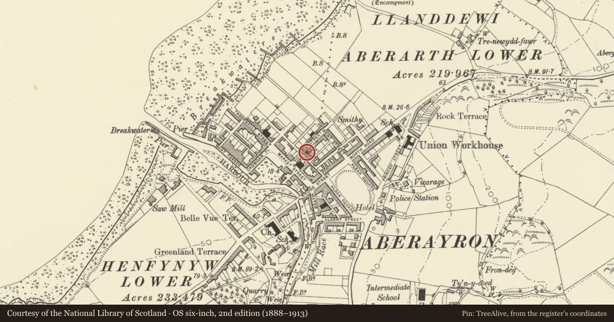 Ordnance Survey six-inch map, 2nd edition (1888–1913) covering the location of Victoria Hotel PH, Aberaeron, Ceredigion, with a pin at the register's coordinates