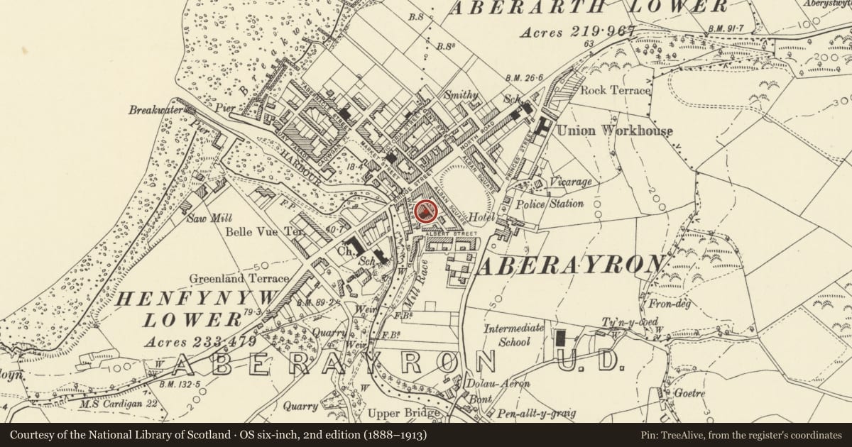 Ordnance Survey six-inch map, 2nd edition (1888–1913) covering the location of Peniel Welsh Congregational Chapel, Aberaeron, Ceredigion, with a pin at the register's coordinates