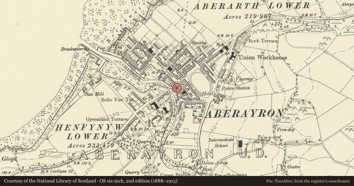 Ordnance Survey six-inch map, 2nd edition (1888–1913) covering the location of 8 Water Street, Aberaeron, Ceredigion, with a pin at the register's coordinates