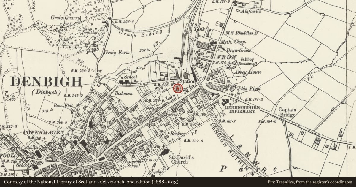 Ordnance Survey six-inch map, 2nd edition (1888–1913) covering the location of Theatr Twm O'r Nant, including forecourt walls and railings, Denbigh, Denbighshire, with a pin at the register's coordinates