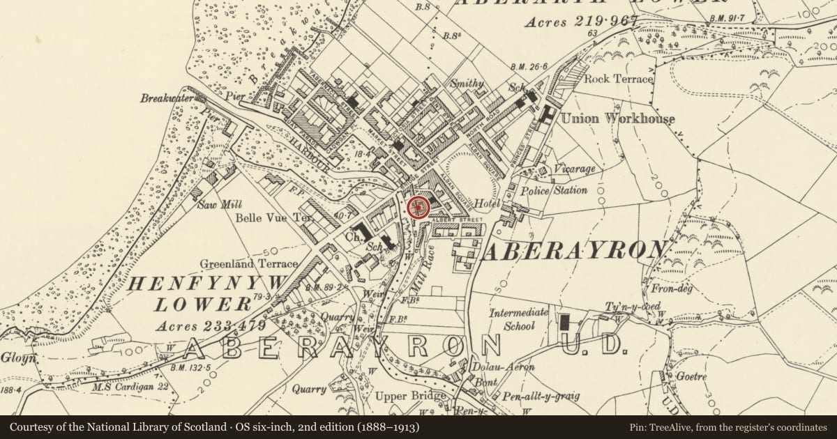 Ordnance Survey six-inch map, 2nd edition (1888–1913) covering the location of 12 Water Street, Aberaeron, Ceredigion, with a pin at the register's coordinates