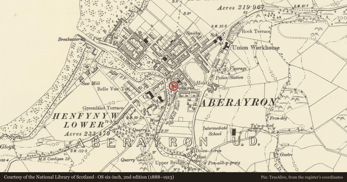 Ordnance Survey six-inch map, 2nd edition (1888–1913) covering the location of 13 Water Street, Aberaeron, Ceredigion, with a pin at the register's coordinates