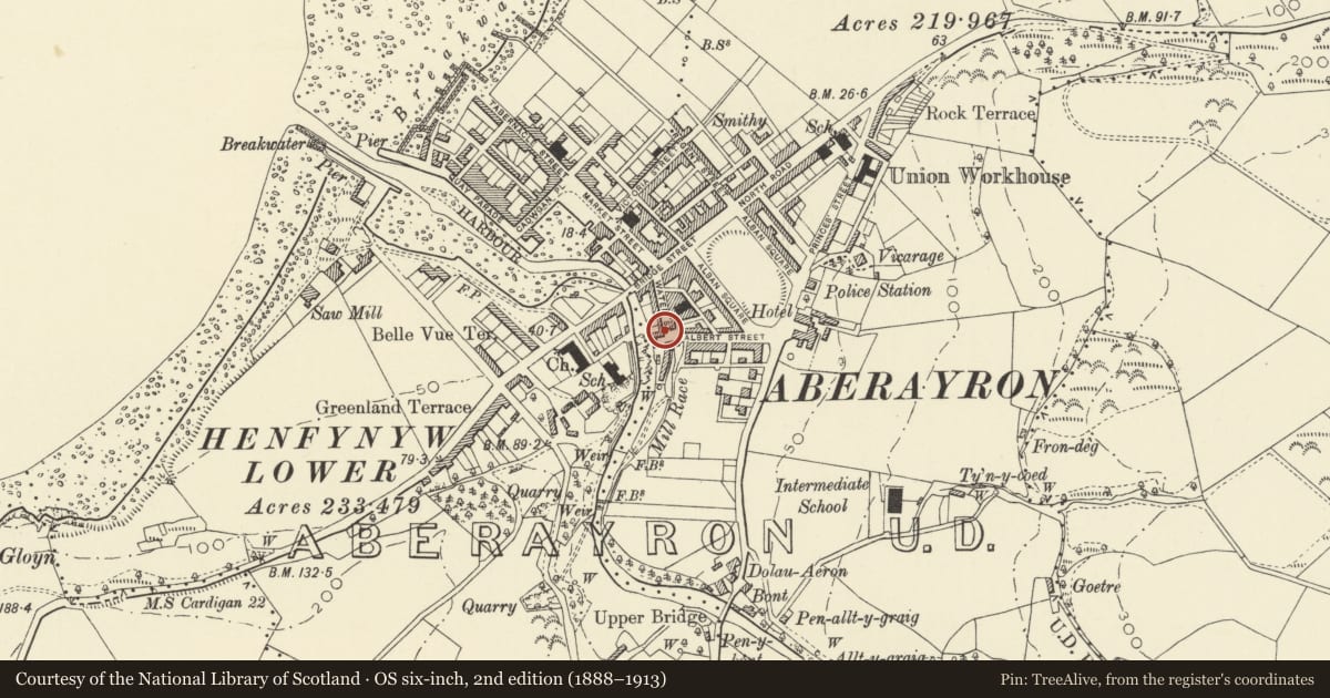 Ordnance Survey six-inch map, 2nd edition (1888–1913) covering the location of 14 Water Street, Aberaeron, Ceredigion, with a pin at the register's coordinates