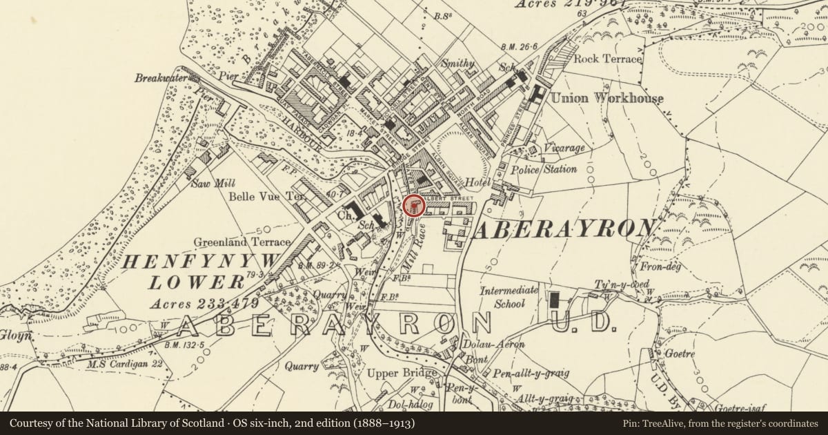 Ordnance Survey six-inch map, 2nd edition (1888–1913) covering the location of The Forge, Aberaeron, Ceredigion, with a pin at the register's coordinates