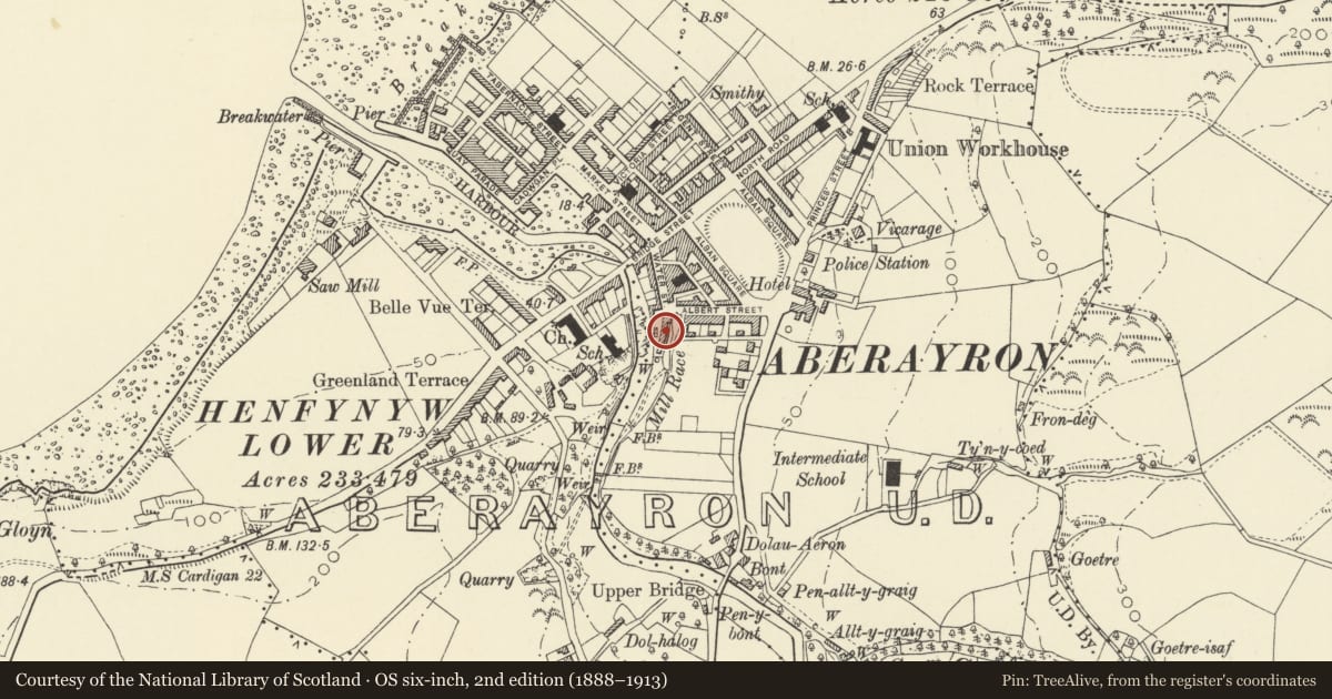 Ordnance Survey six-inch map, 2nd edition (1888–1913) covering the location of The Old Mill, Aberaeron, Ceredigion, with a pin at the register's coordinates