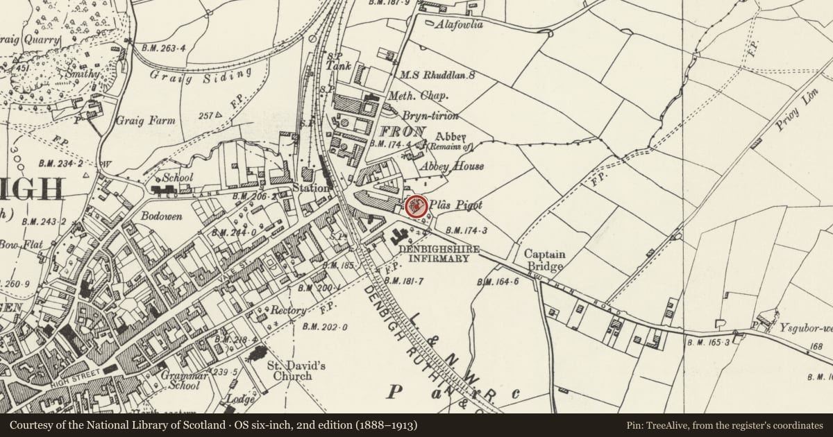 Ordnance Survey six-inch map, 2nd edition (1888–1913) covering the location of Plas Pigot Country Club, Denbigh, Denbighshire, with a pin at the register's coordinates